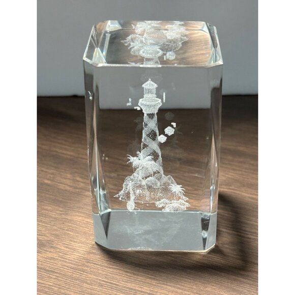 3D Lighthouse Laser Etched Lead Crystal Beveled Glass Paperweight - Picture 2 of 8